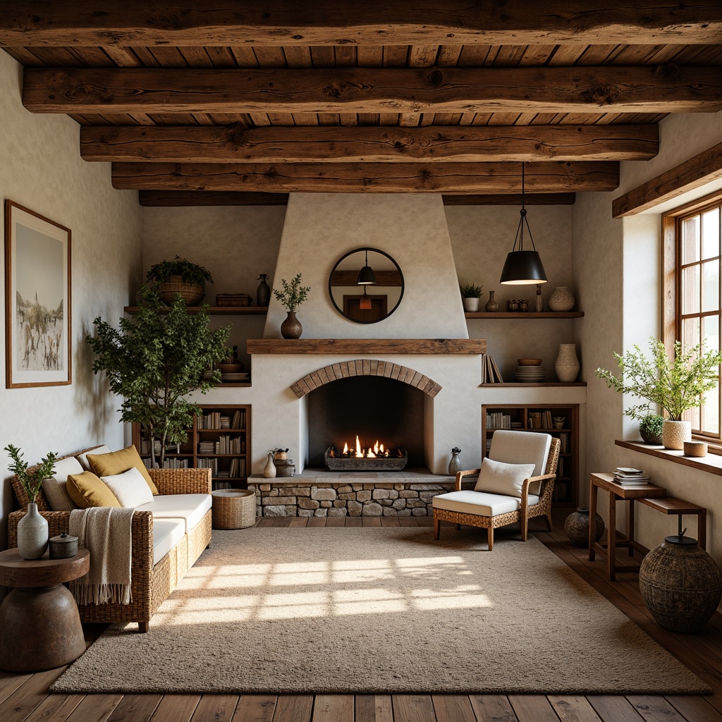 Prompt: Rustic farmhouse interior, distressed wooden beams, vintage metalware, earthy color palette, natural stone walls, reclaimed wood flooring, plush area rugs, cozy throw blankets, woven wicker furniture, ceramic vases, potted greenery, soft warm lighting, shallow depth of field, 1/1 composition, realistic textures, ambient occlusion.