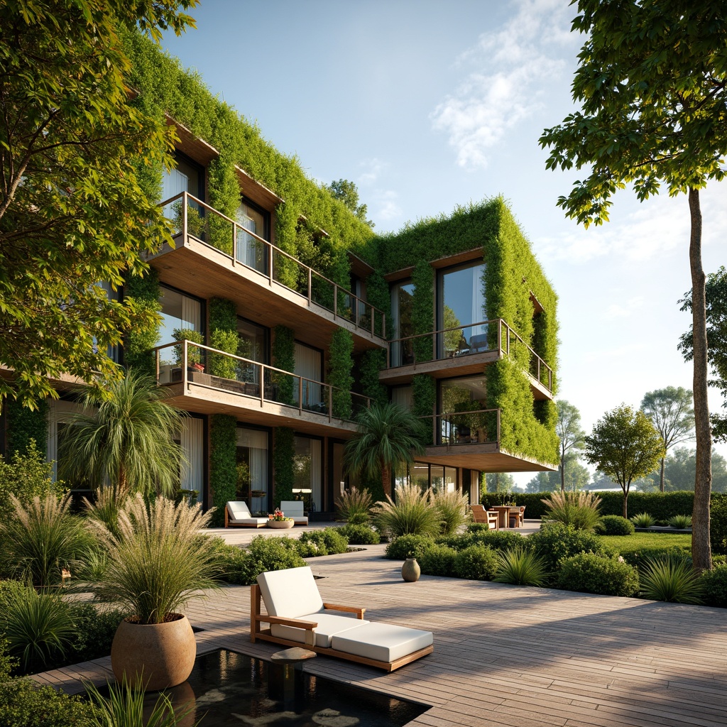 Prompt: Eco-friendly building, living walls, green roofs, solar panels, wind turbines, rainwater harvesting systems, recycled materials, low-carbon footprint, energy-efficient appliances, natural ventilation systems, organic gardens, bamboo flooring, reclaimed wood accents, earthy color palette, minimalist decor, abundant natural light, soft warm ambiance, shallow depth of field, 3/4 composition, panoramic view, realistic textures, ambient occlusion.