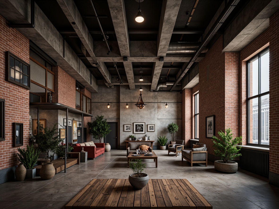 Prompt: Exposed brick walls, metal beams, reclaimed wood floors, industrial-style lighting fixtures, minimalist decor, urban loft atmosphere, distressed concrete textures, functional pipework, mechanical equipment details, gritty cityscape backdrop, dramatic high ceilings, moody color palette, cinematic low-key lighting, 3/4 composition, realistic rusty metal surfaces, ambient occlusion.