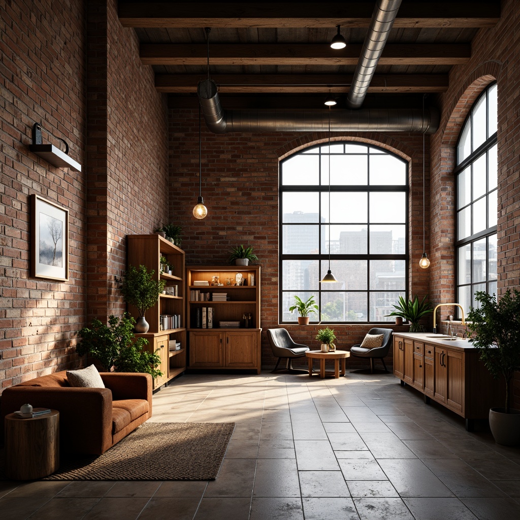 Prompt: Industrial chic loft space, exposed brick walls, metal beams, reclaimed wood floors, minimal decor, modern furniture, floor-to-ceiling windows, natural light pouring in, warm soft glow, ambient lighting, pendant lamps, Edison bulbs, task lighting, under-cabinet lights, cozy reading nooks, warm color temperature, 1/1 composition, shallow depth of field, realistic textures, subtle shadows.