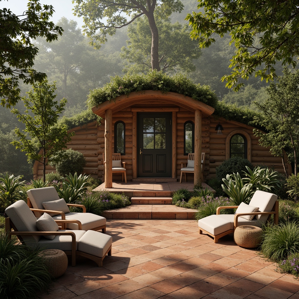 Prompt: Rustic wooden cabins, natural stone walls, earthy terracotta floors, reclaimed wood accents, living green roofs, organic forms, curved lines, warm beige color palette, ambient soft lighting, cozy intimate spaces, lush forest surroundings, misty morning atmosphere, shallow depth of field, 1/1 composition, realistic textures, subtle shading.