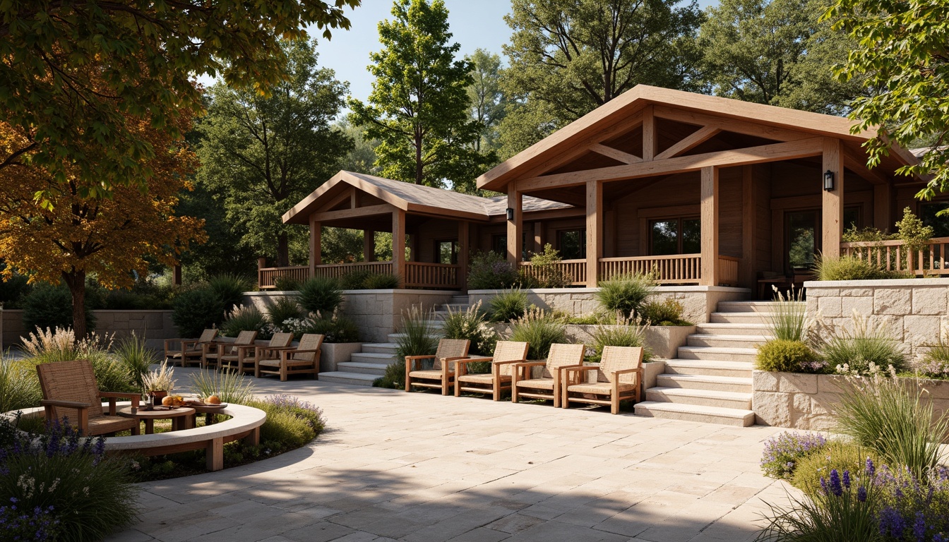 Prompt: Rustic amphitheater, natural stone seating, curved wooden benches, woven wicker chairs, earthy tone color scheme, lush greenery surroundings, wooden lanterns, warm soft lighting, shallow depth of field, 1/2 composition, realistic textures, ambient occlusion, craftsman-style architectural details, wooden accents, stonework, rugged outdoor atmosphere, serene ambiance, warm sunny day.