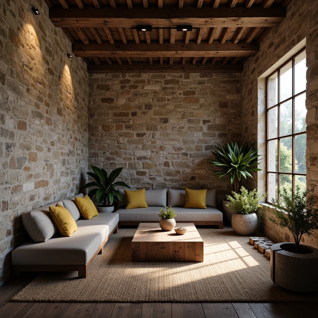 Prompt: Rustic stone walls, distressed finishes, earthy tones, organic textures, natural materials, reclaimed wood accents, industrial chic decor, urban loft atmosphere, moody warm lighting, shallow depth of field, 1/1 composition, realistic normal maps, ambient occlusion.