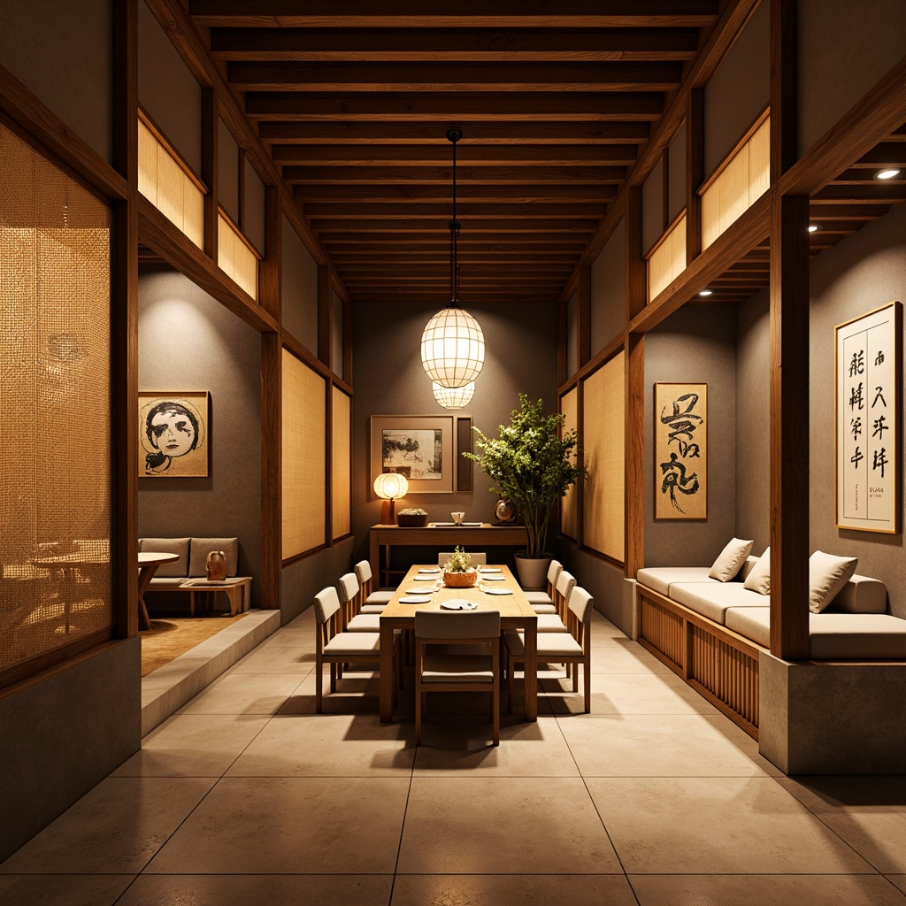 Prompt: Warm Asian-inspired winery interior, rustic wooden accents, traditional Japanese shoji screens, paper lanterns, soft warm lighting, gentle glow, subtle shadows, ambient occlusion, natural stone walls, earthy tone color palette, woven bamboo textiles, minimalist decor, intimate seating areas, low-hanging pendant lamps, cozy nooks, warm beige tones, elegant calligraphy, traditional Asian motifs, subtle fragrance of sake or wine, serene atmosphere, 1/1 composition, soft focus, realistic textures.