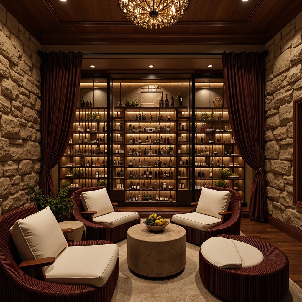 Prompt: Elegant wine cellar, rich wood tones, dimmable LED lights, warm ambient glow, subtle spotlighting, rustic stone walls, wooden wine racks, glass-enclosed climate-controlled room, temperature display, humidity control, soft background music, intimate seating area, luxurious velvet drapes, dark-stained wood flooring, ornate metalwork, sophisticated color palette, dramatic floor-to-ceiling shelving, warm beige tones, soft box lighting, recessed ceiling lights, wine barrel-inspired decor.