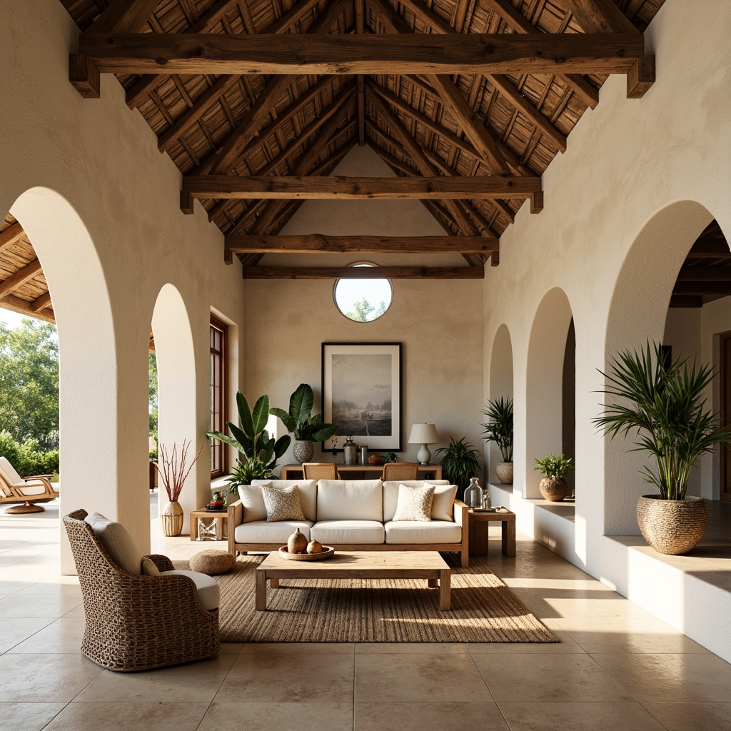 Prompt: Vaulted ceilings, wooden beams, rustic stone walls, tropical plants, natural fiber textiles, woven rattan furniture, creamy white stucco, warm beige floors, distressed wood accents, ornate metal lanterns, soft warm lighting, clerestory windows, high ceilings, open spaces, minimalist decor, serene atmosphere, subtle color palette, gentle shadows, 1/1 composition, realistic textures, ambient occlusion.