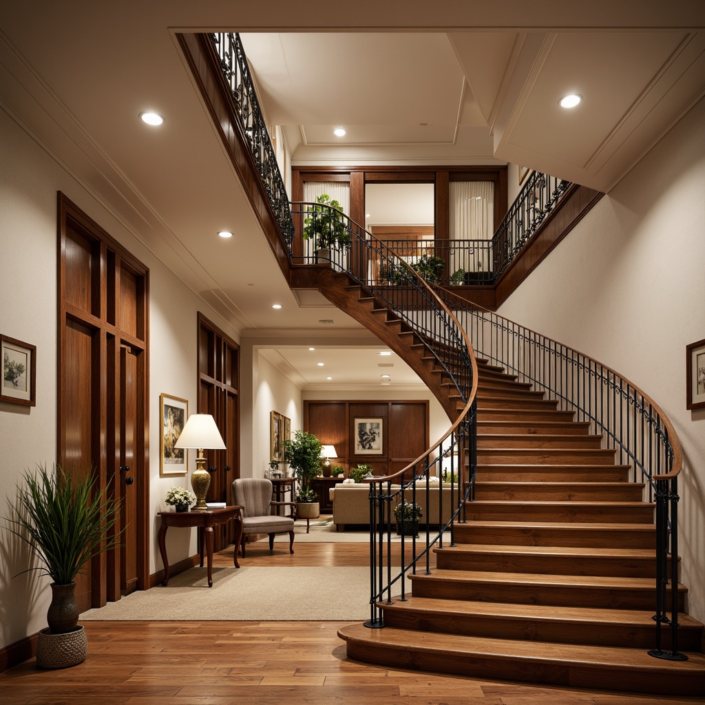 Prompt: Elegant staircase, luxurious hardwood floors, ornate iron railings, intricately designed balusters, polished chrome handrails, soft warm lighting, classic traditional architecture, grand entrance hall, lavish furnishings, refined interior design, rich wood tones, subtle carpeting, comfortable seating areas, inviting atmosphere, 3/4 composition, shallow depth of field, realistic textures.