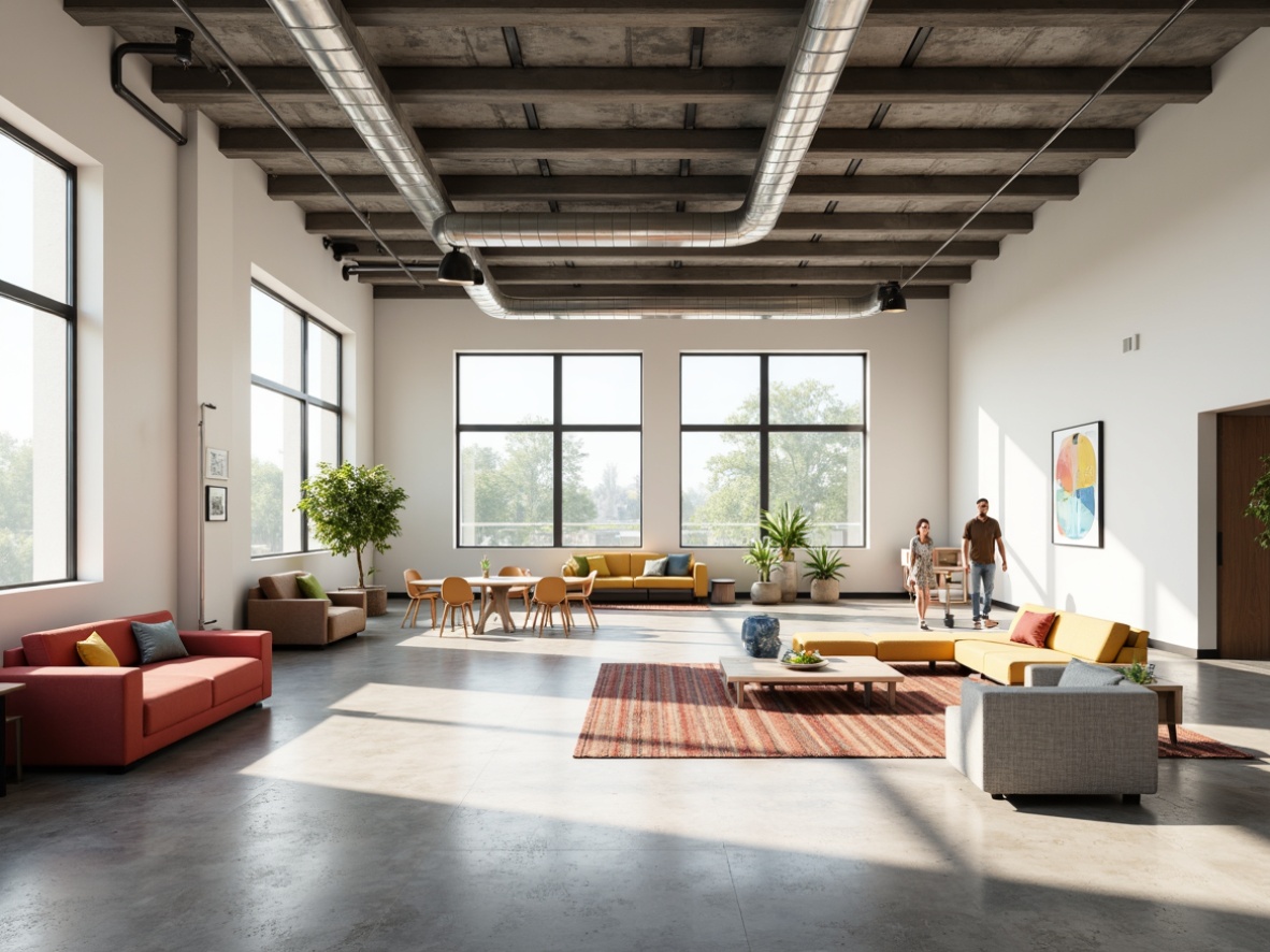 Prompt: Minimalist community center, open floor plan, large windows, industrial lighting, exposed ductwork, polished concrete floors, white walls, steel beams, functional layout, communal spaces, modern furniture, geometric shapes, primary color accents, natural textiles, minimalist decor, abundant natural light, soft shadows, 1/1 composition, realistic materials, ambient occlusion.