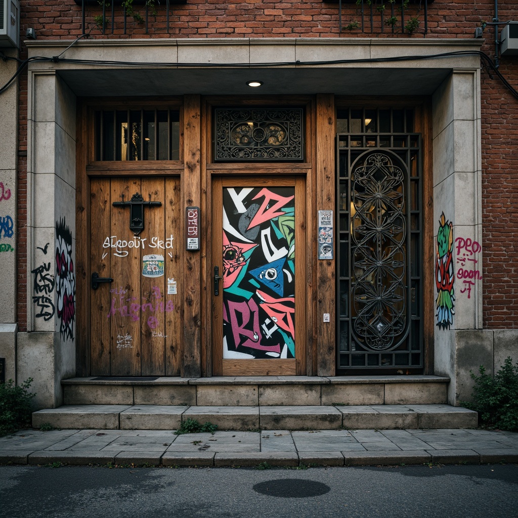 Prompt: Rustic stone walls, distressed wooden planks, vibrant graffiti murals, exposed brick facades, ornate metal grilles, intricate masonry patterns, weathered concrete textures, eclectic mix of materials, industrial chic aesthetic, urban cityscape backdrop, moody atmospheric lighting, dramatic shadows, 1/2 composition, low-angle shot, cinematic depth of field.