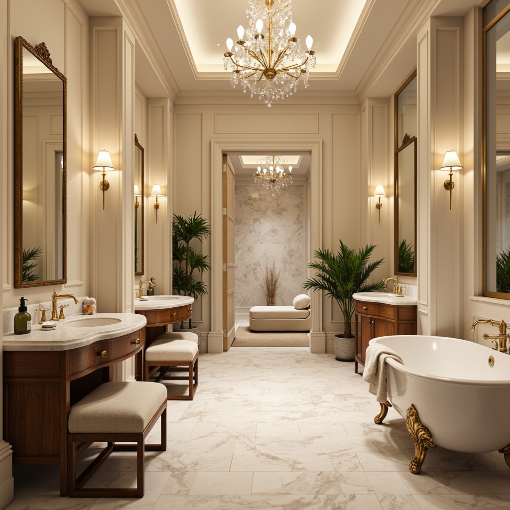 Prompt: Luxurious powder room, streamline moderne design, soft cream walls, marble countertops, golden fixtures, ornate mirrors, plush velvet chairs, crystal chandeliers, rich wood cabinetry, elegant freestanding tubs, spa-inspired ambiance, warm dimmable lighting, shallow depth of field, 3/4 composition, panoramic view, realistic textures, ambient occlusion.