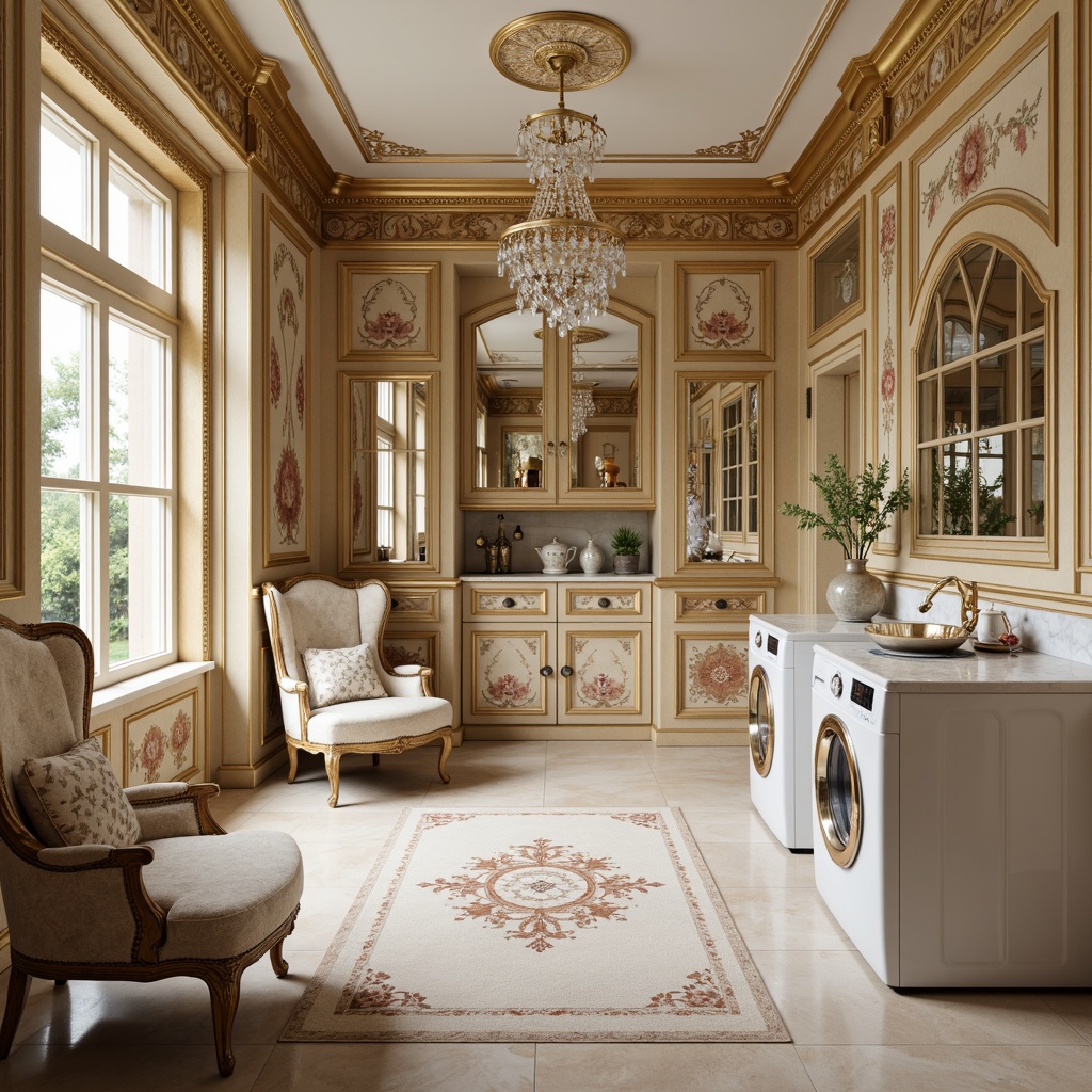 Prompt: \Opulent laundry room, ornate golden accents, soft pastel hues, delicate floral patterns, intricately carved wooden cabinets, velvet-upholstered armchairs, crystal chandeliers, marble countertops, porcelain vases, distressed finishes, luxurious textiles, gentle natural light, warm beige walls, ornamental mirrors, curved lines, French-inspired furniture, elegant legs, cabriole-style chairs, subtle Rococo motifs, soft focus, shallow depth of field, 1/1 composition, warm color palette.\