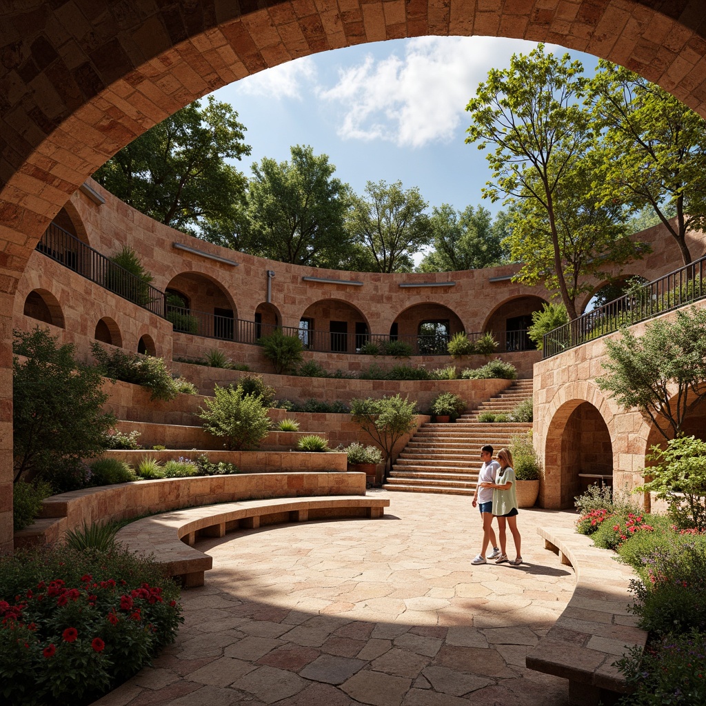 Prompt: Earthy amphitheater, natural stone seating, wooden benches, rustic metal railings, lush greenery, vibrant flowers, warm earthy tones, terracotta reds, sienna browns, mossy greens, weathered wood accents, rough-hewn stonework, soft warm lighting, shallow depth of field, 3/4 composition, panoramic view, realistic textures, ambient occlusion.