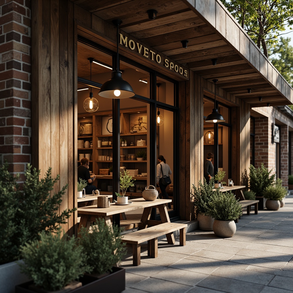 Prompt: Rustic store exterior, wooden signage, vintage lanterns, industrial pendant lights, metal shades, Edison bulbs, distressed finishes, reclaimed wood accents, exposed brick walls, natural stone flooring, cozy atmosphere, warm soft lighting, shallow depth of field, 1/1 composition, realistic textures, ambient occlusion.Let me know if this meets your expectations!