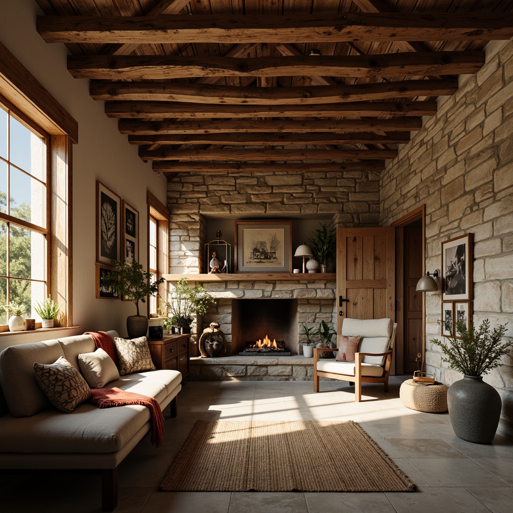 Prompt: Rustic farmhouse, exposed wooden beams, distressed wood accents, vintage metal lanterns, natural stone walls, earthy color palette, cozy reading nooks, plush throw blankets, reclaimed wood furniture, warm candlelight, soft morning sunlight, shallow depth of field, 1/1 composition, intimate atmosphere, realistic textures, ambient occlusion.