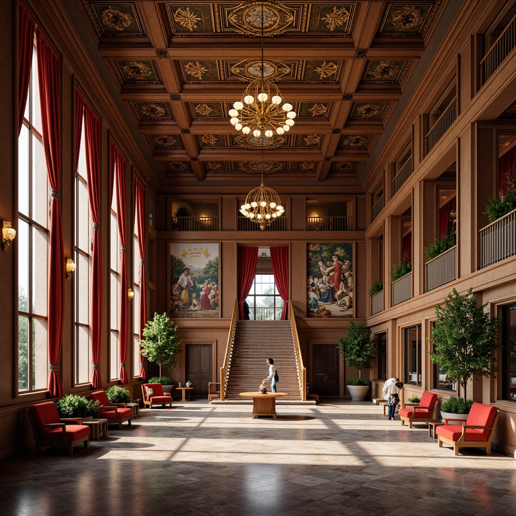 Prompt: Elegant student hall, ornate columns, intricately carved wood paneling, grand staircase, luxurious chandeliers, rich velvet drapes, polished marble floors, vibrant colorful murals, stately furniture, cozy reading nooks, warm ambient lighting, shallow depth of field, 1/2 composition, soft focus effect, realistic textures, ambient occlusion.