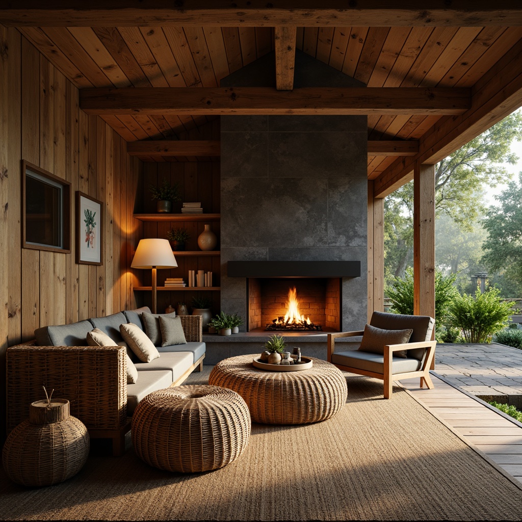 Prompt: Earthy cabin, reclaimed wooden walls, natural stone fireplace, woven wicker furniture, earthy tone color palette, organic textures, cozy ambiance, soft warm lighting, shallow depth of field, 3/4 composition, realistic wood grain, ambient occlusion, lush greenery surroundings, misty forest atmosphere, serene natural environment.