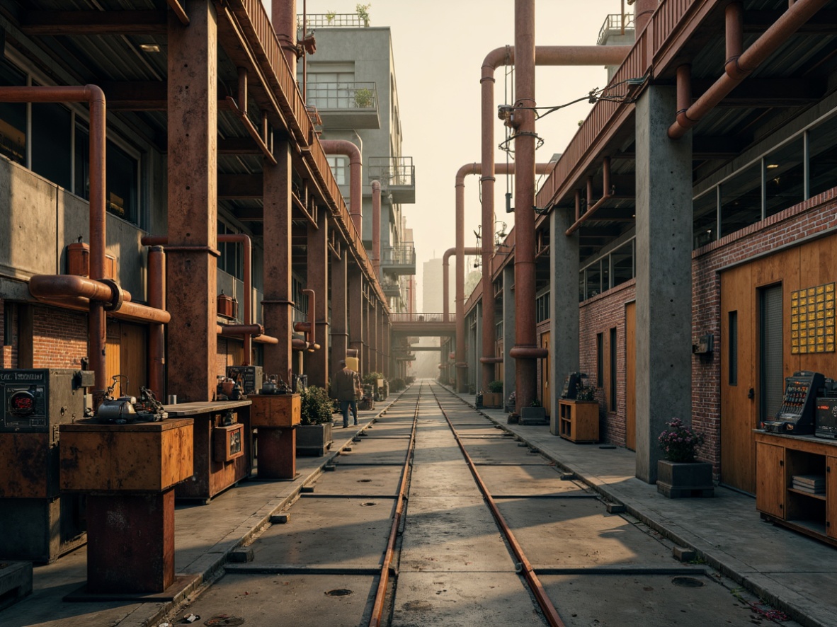 Prompt: Rusty industrial pipes, metallic frameworks, exposed ductwork, concrete floors, steel beams, reclaimed wood accents, distressed brick walls, urban cityscape backdrop, foggy atmospheric effects, warm golden lighting, shallow depth of field, 1/2 composition, symmetrical framing, realistic rust textures, ambient occlusion, neon signage, industrial machinery, robotic assembly lines, futuristic control panels, holographic displays, cyberpunk-inspired color schemes.