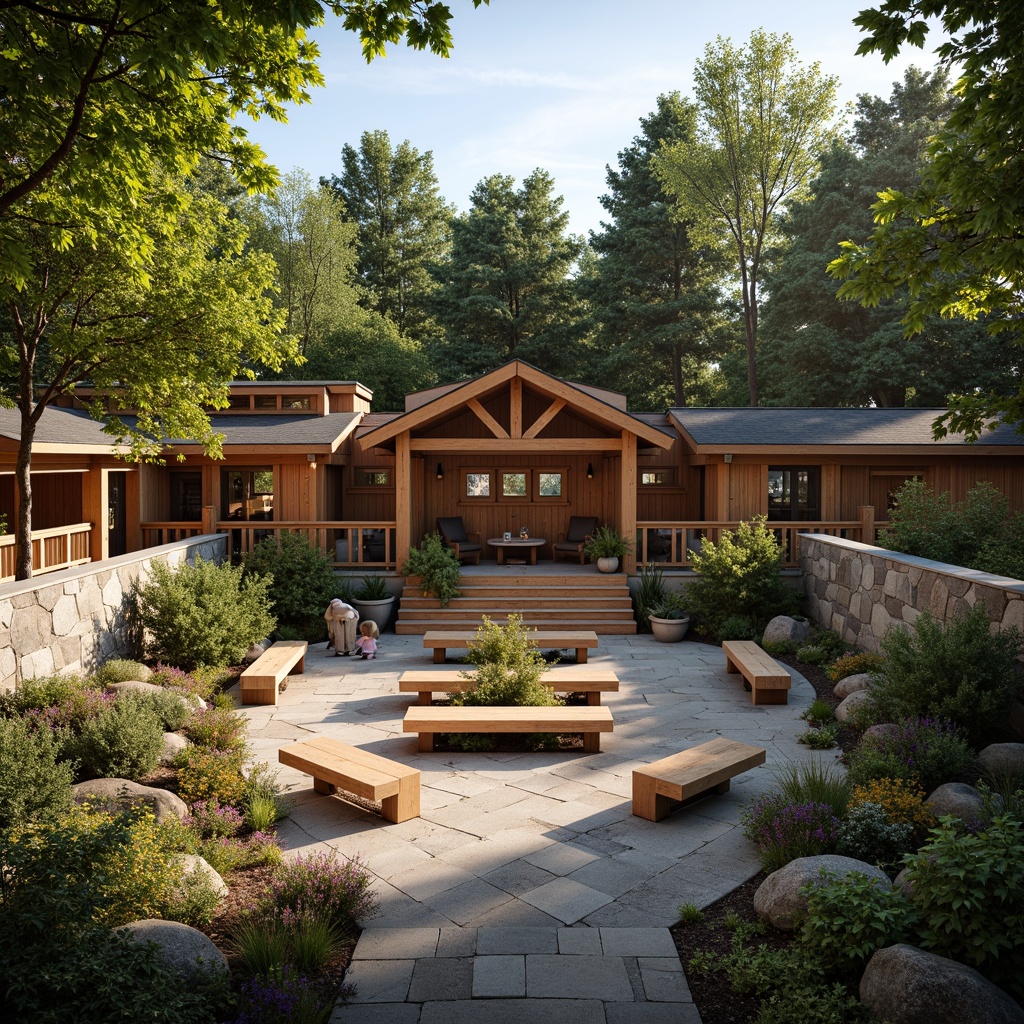 Prompt: Rustic Craftsman-style amphitheater, wooden benches, natural stone walls, lush greenery surroundings, warm sunny day, soft diffused lighting, 3/4 composition, realistic wood textures, ambient occlusion, sound-absorbing panels, acoustic diffusers, resonance control systems, optimized speaker placement, clear audio clarity, minimal echo, intimate performance space, audience seating area, decorative wooden accents, earthy color palette.