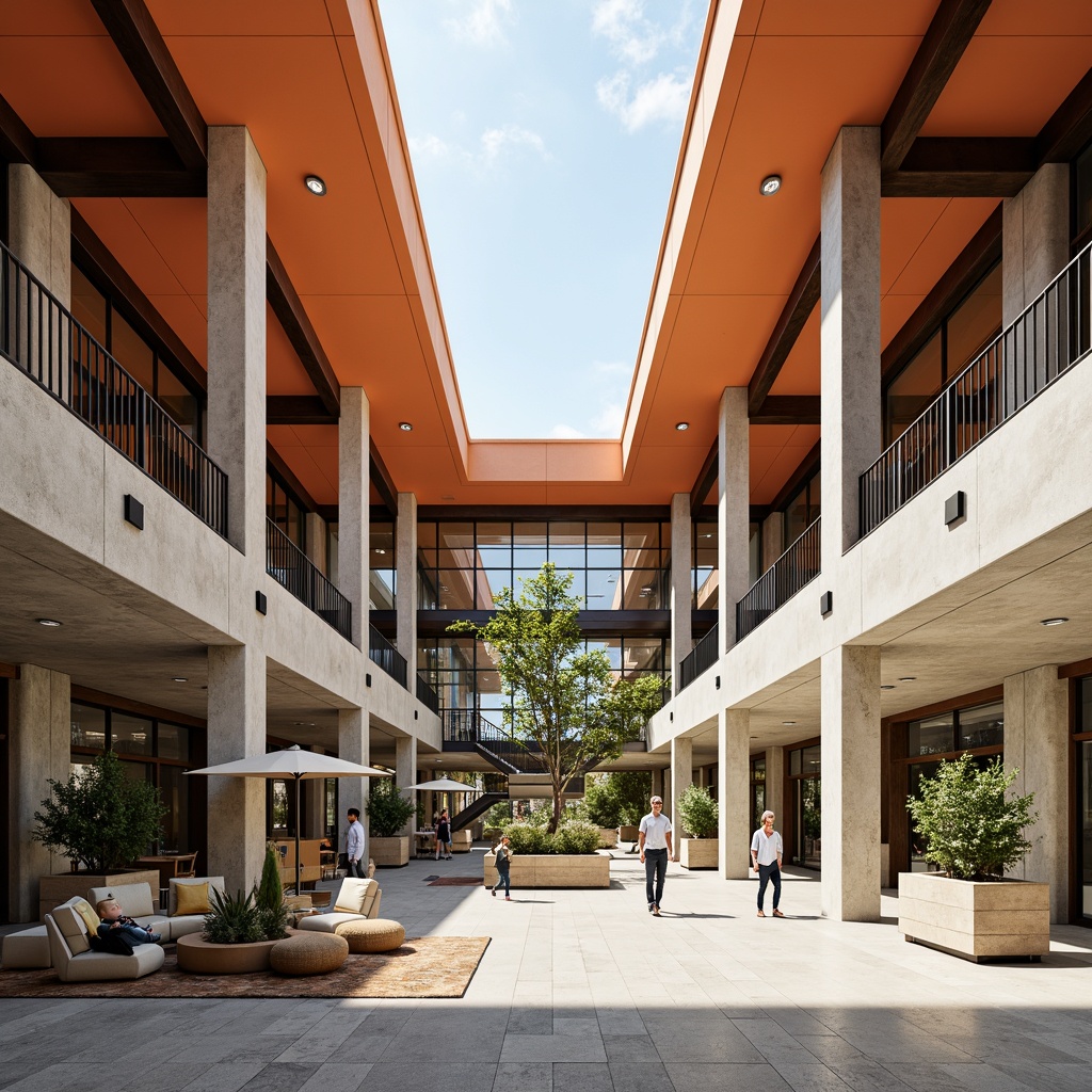 Prompt: Bauhaus-inspired community center, rectangular volumes, triangular roofs, circular staircases, abstract sculptures, bold primary colors, industrial materials, steel beams, concrete walls, large windows, minimalist decor, functional furniture, open floor plans, natural light, soft shadows, 1/1 composition, symmetrical framing, high contrast lighting, realistic textures, subtle ambient occlusion.