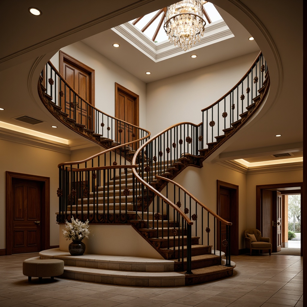 Prompt: Elegant staircase, ornate railings, polished metal balusters, wooden handrails, carved newel posts, intricate scrollwork, grand entrance, luxurious interior, high-ceilinged hallway, crystal chandelier, soft warm lighting, 3/4 composition, shallow depth of field, realistic textures, ambient occlusion.