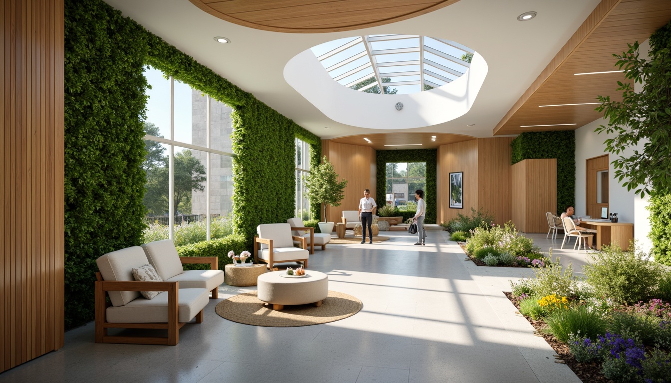 Prompt: Calming healthcare facility, natural wood accents, soothing green walls, comfortable seating areas, warm lighting fixtures, acoustic panels, sound-absorbing materials, anti-microbial coatings, healing gardens, lush greenery, vibrant flowers, water features, gentle fountains, peaceful ambiance, organic textiles, nature-inspired artwork, calming color schemes, soft carpeting, ergonomic furniture, minimal ornamentation, abundant natural light, clerestory windows, open floor plans, curved lines, organic shapes.