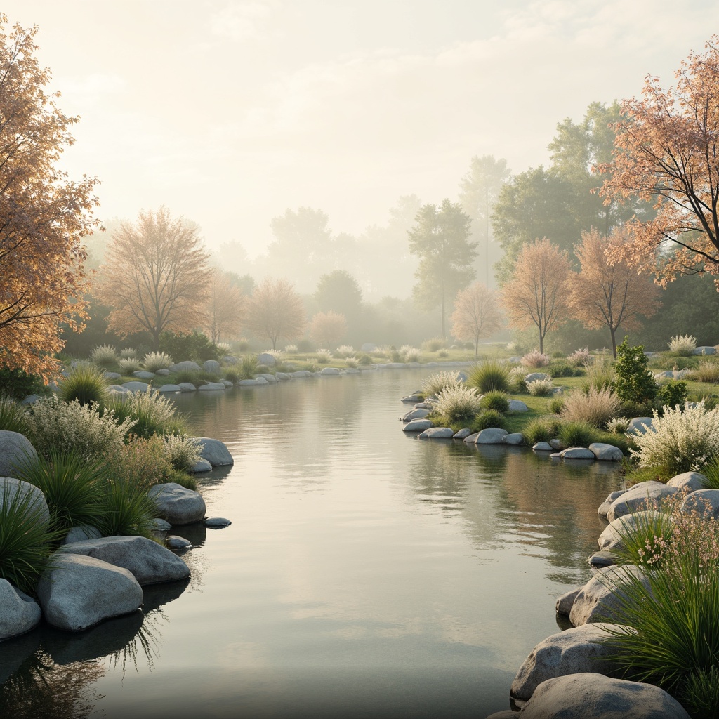 Prompt: Soft pastel hues, calming ambiance, serene natural scenery, gentle water features, lush greenery, blooming flowers, warm beige tones, creamy whites, pale blues, soft peach accents, subtle texture overlays, atmospheric misting effects, shallow depth of field, 2/3 composition, panoramic view, realistic renderings, ambient occlusion.