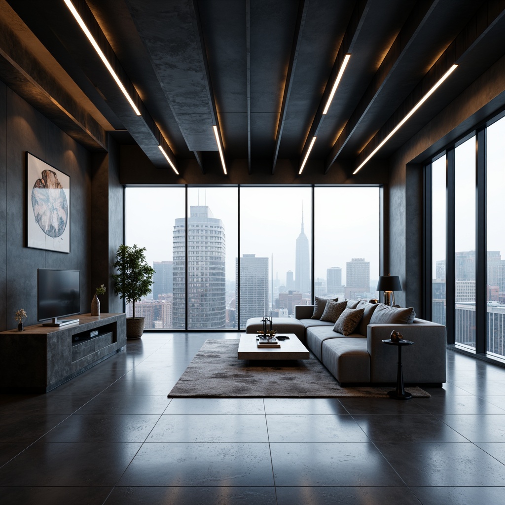 Prompt: Streamlined modern walls, geometric patterns, monochromatic color schemes, sleek metallic accents, minimalist decor, ambient LED lighting, smooth concrete finishes, industrial-chic textures, futuristic vibe, urban loft atmosphere, abstract art pieces, floor-to-ceiling windows, panoramic city views, 1/1 composition, high-contrast shading, realistic reflections, atmospheric fog effects.