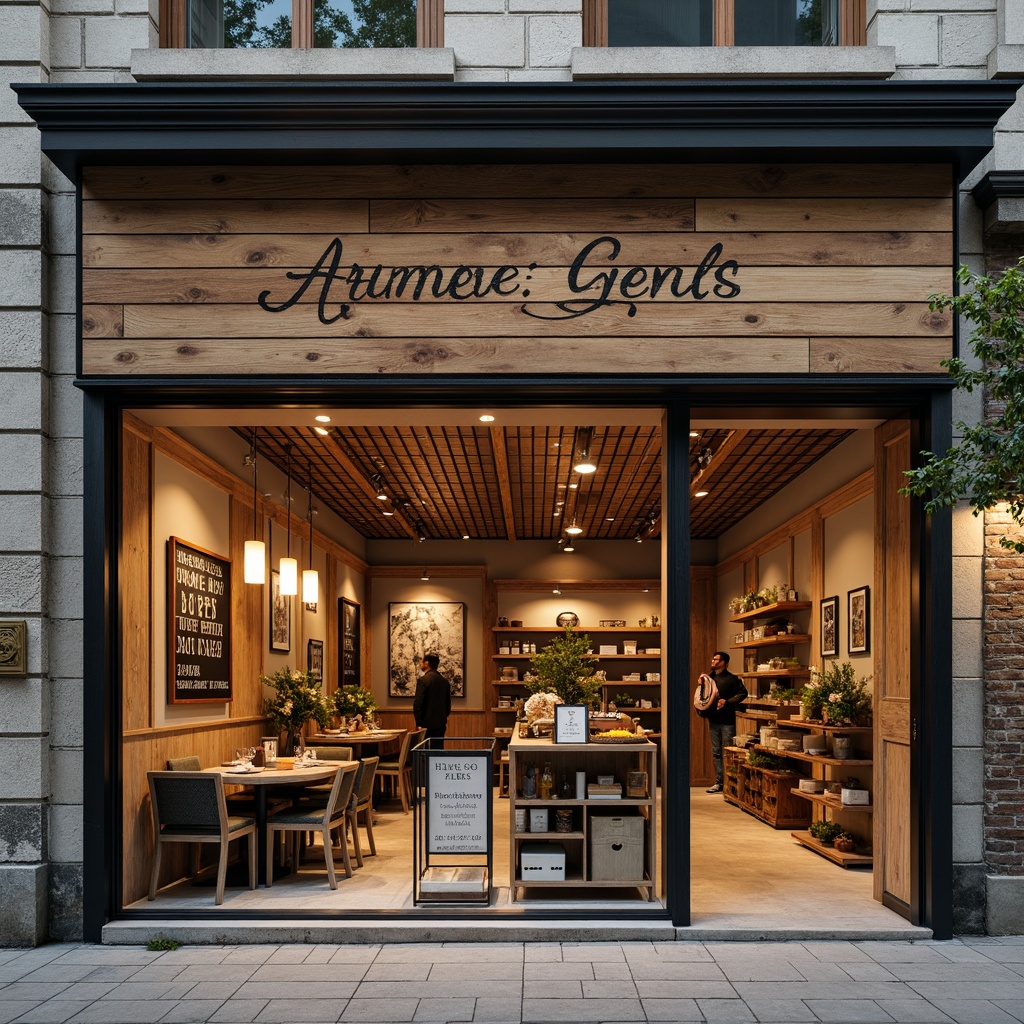 Prompt: Rustic store exterior, reclaimed wood facades, distressed metal accents, earthy color palette, natural stone walls, wooden signage, vintage-inspired lighting fixtures, exposed brick interior, polished concrete floors, industrial-style shelving units, metal grid ceilings, warm ambient lighting, soft focus, shallow depth of field, 2/3 composition, realistic textures, subtle grain effect.