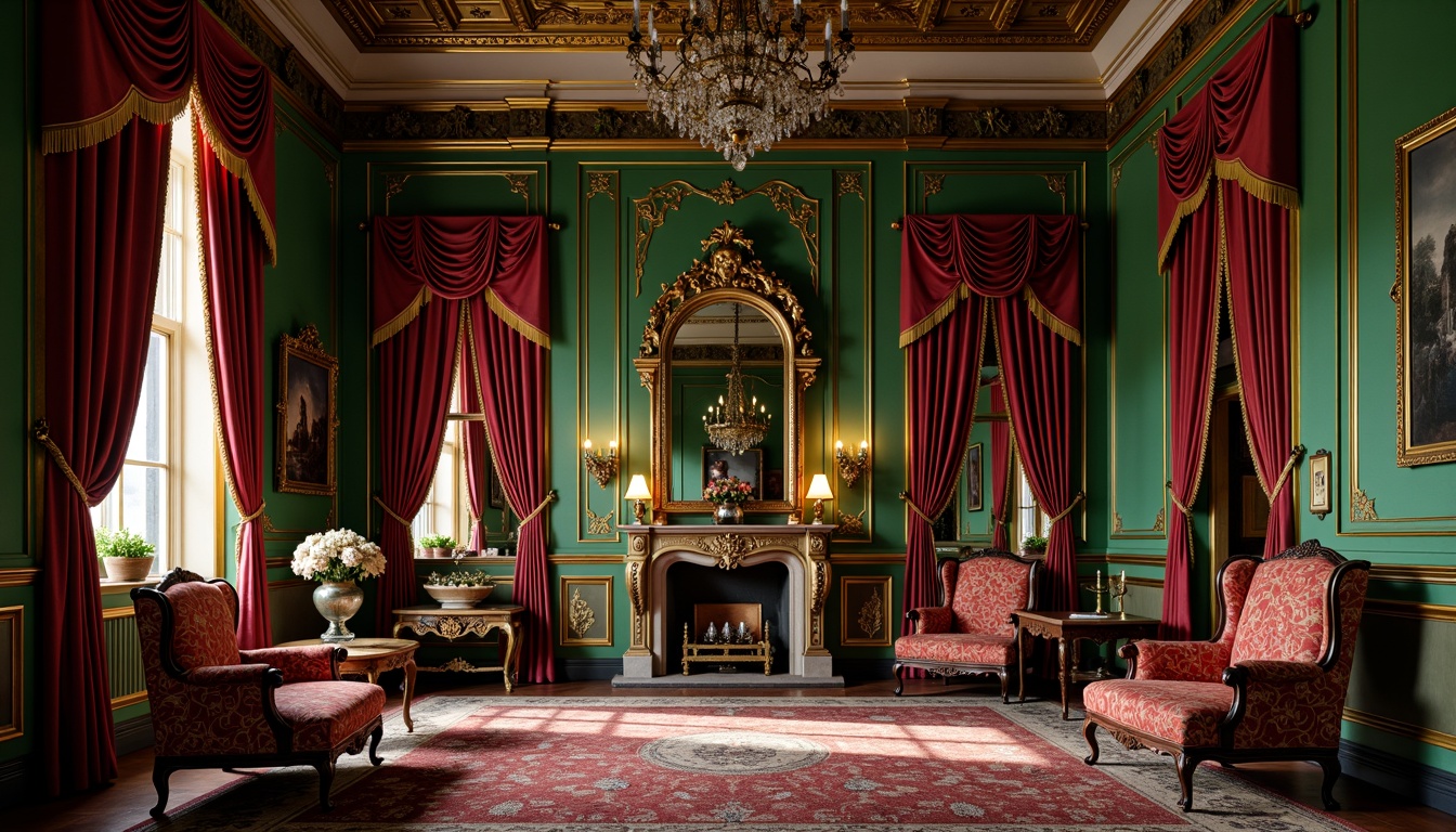 Prompt: Richly ornate Victorian-style interior, opulent jewel-toned colors, emerald green walls, ruby red velvet drapes, golden accents, intricate wood carvings, lavish furnishings, heavy curtains, tassel trim, ornate mirrors, crystal chandeliers, warm candlelight, dramatic shadows, 3/4 composition, shallow depth of field, realistic textures.