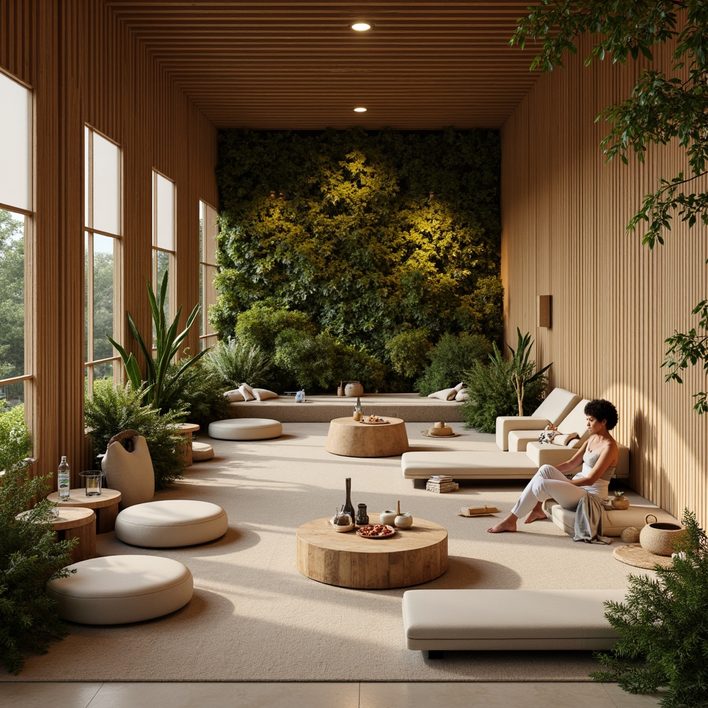 Prompt: Soothing wellness center, natural wood accents, calming water features, lush green walls, comfortable seating areas, meditation rooms, yoga studios, aromatherapy diffusers, soft ambient lighting, minimalist decor, neutral color palette, organic textiles, healthy snacks, refreshing beverages, peaceful ambiance, shallow depth of field, 1/1 composition, warm and inviting atmosphere.