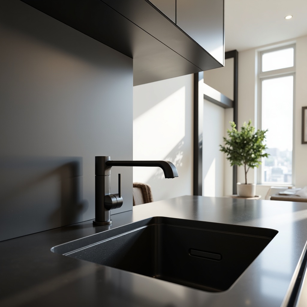 Prompt: Sleek modern kitchen, streamline design, minimalist aesthetic, stainless steel faucets, wall-mounted installation, single-handle control, low-flow water efficiency, matte black finish, geometric lines, urban chic atmosphere, natural light pouring in, shallow depth of field, 1/1 composition, realistic reflections, ambient occlusion.