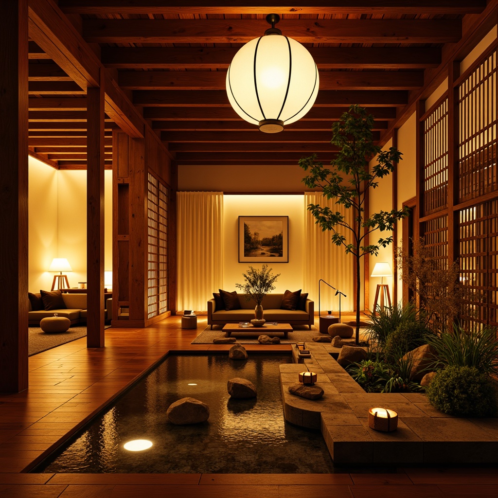 Prompt: Warm golden lighting, soft lanterns, traditional Chinese paper lanterns, subtle uplighting, accentuate wooden beams, highlight natural stone walls, emphasize ornate carvings, warm-toned wooden furniture, luxurious velvet fabrics, intricate rice paper screens, serene water features, miniature Japanese gardens, ambient candlelight, warm beige color palette, soft shadows, 1/2 composition, intimate atmosphere, realistic wood textures, subtle god rays.