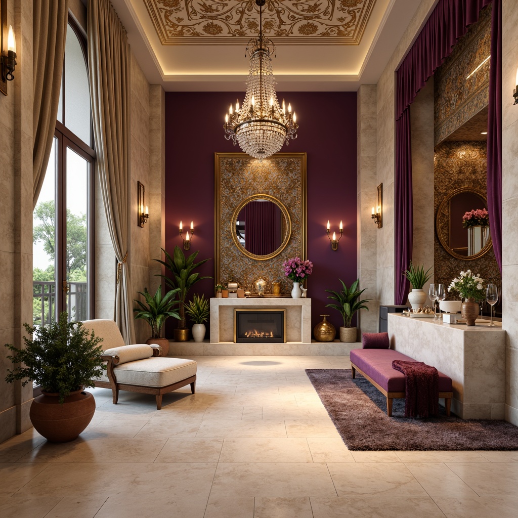 Prompt: Luxurious interior, rich amethyst accents, warm beige tile floors, creamy marble countertops, velvety soft furnishings, ornate golden fixtures, lavish crystal chandeliers, opulent drapery, intricate mosaic patterns, natural stone walls, earthy terracotta planters, softbox lighting, 1/1 composition, realistic textures, ambient occlusion.