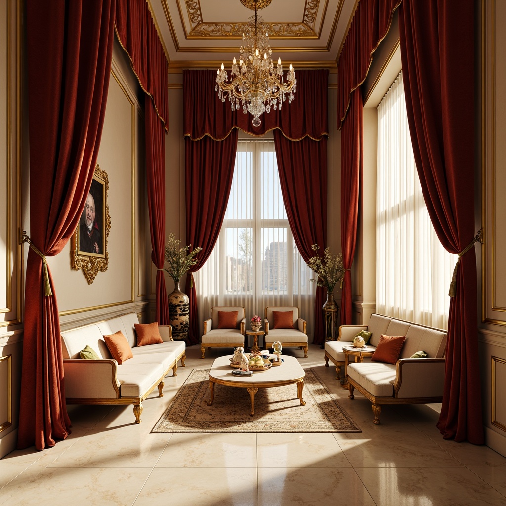 Prompt: Luxurious Renaissance-style interior, rich velvet drapes, ornate gold accents, creamy marble floors, warm beige walls, elegant crystal chandeliers, sophisticated furniture upholstery, subtle wood grain textures, soft warm lighting, shallow depth of field, 1/1 composition, realistic renderings, ambient occlusion.