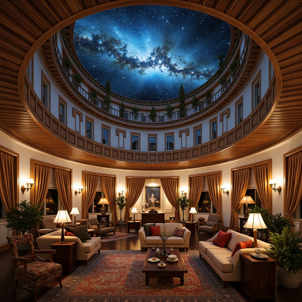 Prompt: Elegant planetarium, starry night sky, twinkling lights, astronomical projections, curved dome ceiling, ornate chandeliers, rustic wooden beams, soft warm lighting, creamy white walls, rich velvet drapes, distressed wood accents, antique furniture pieces, vintage astronomical instruments, celestial-inspired patterns, golden metallic tones, luxurious textiles, cozy intimate atmosphere, 1/1 composition, soft focus, atmospheric glow.