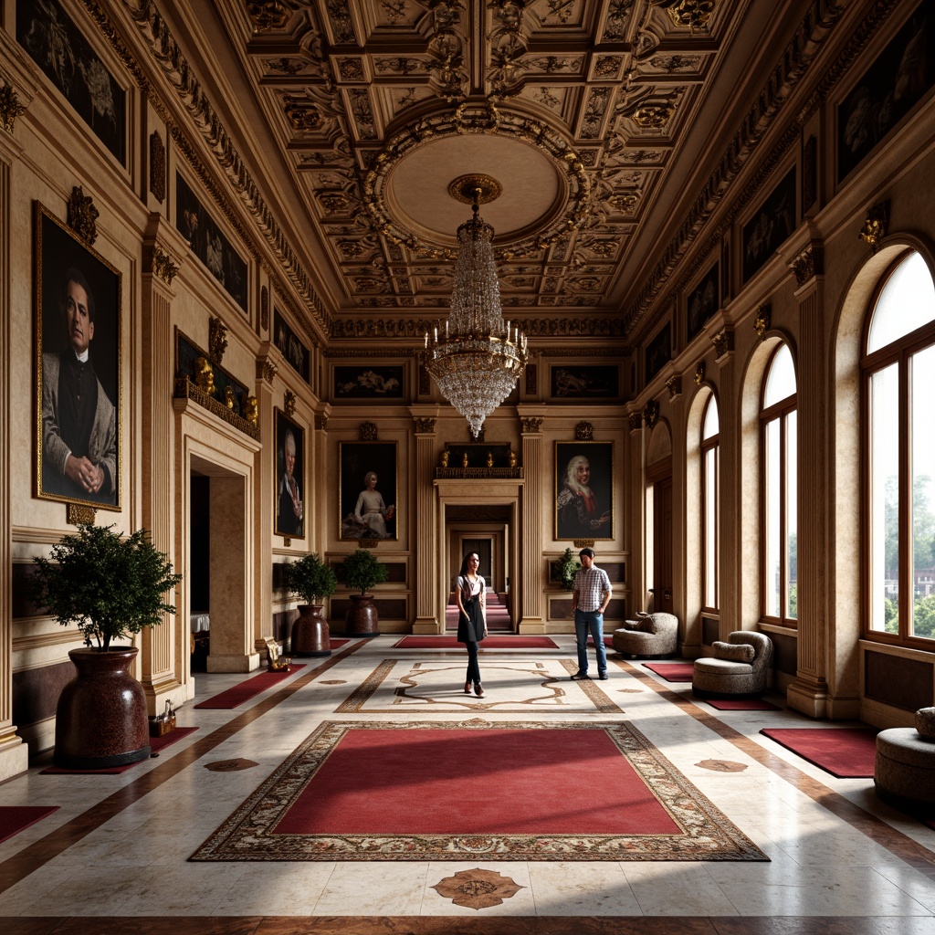 Prompt: Grand Renaissance palace, ornate marble floors, intricate inlays, polished wooden panels, rich velvet carpets, lavish furnishings, gilded accents, ornamental moldings, high ceilings, crystal chandeliers, soft warm lighting, subtle shadows, realistic textures, ambient occlusion.