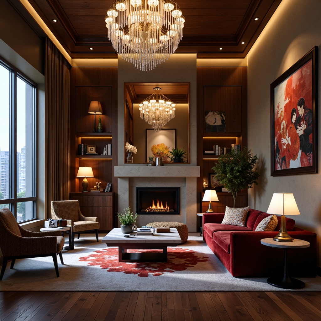 Prompt: Luxurious living room, modern interior design, stylish lighting fixtures, crystal chandeliers, sleek floor lamps, ambient warm glow, soft shadows, rich wood paneling, plush velvet sofas, marble coffee tables, abstract artwork, vibrant colorful accents, cozy reading nooks, floor-to-ceiling windows, cityscape views, dramatic drapery, 1/2 composition, low-key lighting, cinematic mood.