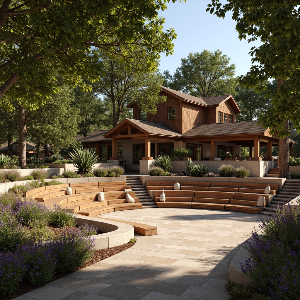 Prompt: Rustic amphitheater, natural stone seating, wooden benches, curved rows, tiered arrangement, cozy intimate atmosphere, warm earthy tones, craftsman-style lanterns, lush greenery surroundings, blooming flowers, sunny day, soft warm lighting, shallow depth of field, 3/4 composition, panoramic view, realistic textures, ambient occlusion.