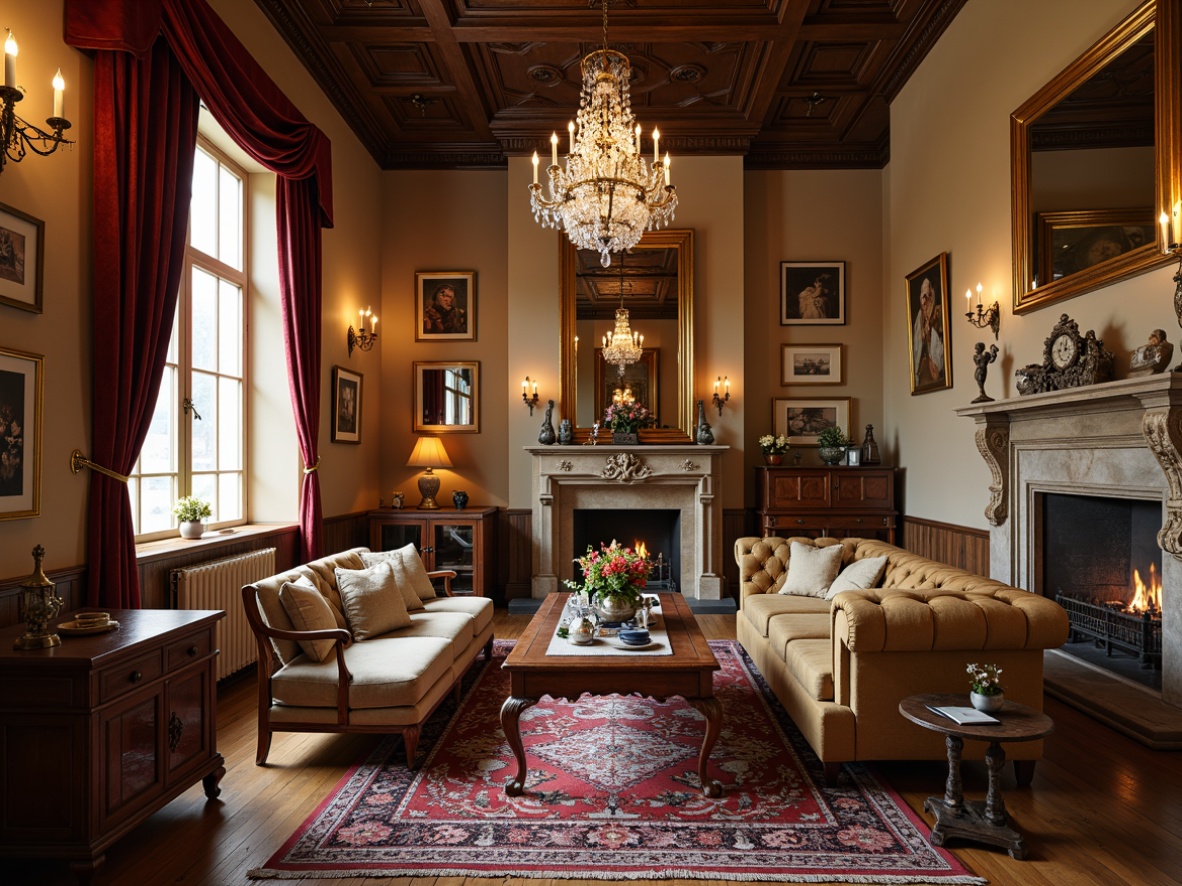 Prompt: Rich velvet drapes, ornate gold frames, antique wooden furniture, intricately carved decorations, plush area rugs, comfortable Chesterfield sofas, elegant crystal chandeliers, rustic stone fireplaces, warm beige walls, soft diffused lighting, 1/1 composition, shallow depth of field, realistic textures, ambient occlusion.