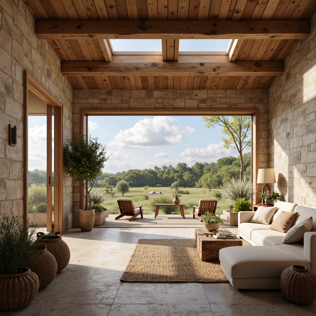 Prompt: Rustic farmhouse interior, exposed wooden beams, natural stone walls, earthy color palette, vintage furniture, distressed wood accents, large windows, sliding glass doors, skylights, clerestory windows, soft diffused lighting, warm beige tones, creamy whites, light brown textures, woven wicker baskets, potted greenery, rural landscape views, cloudy blue skies, gentle morning light, 1/1 composition, shallow depth of field, realistic wood grain textures.