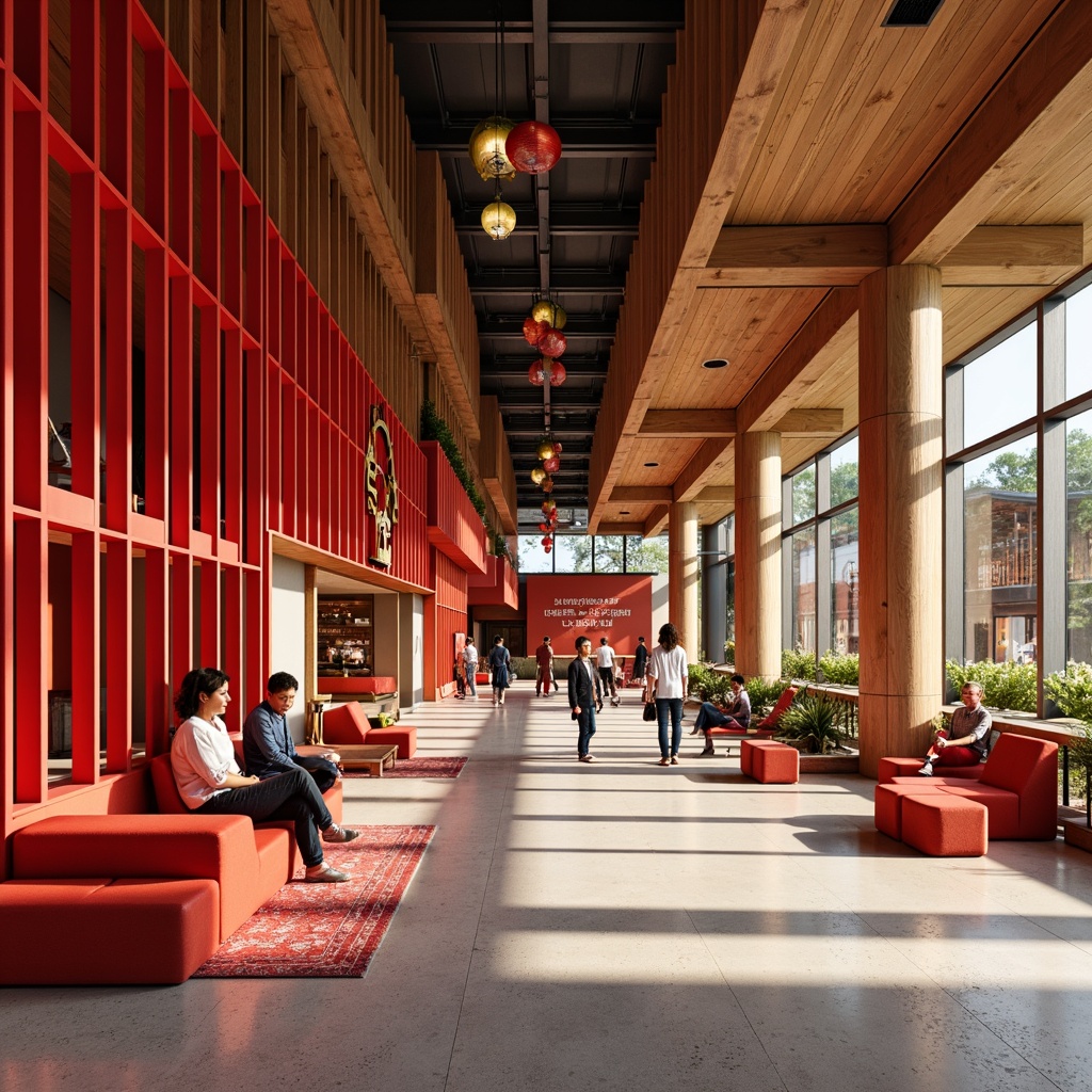 Prompt: Vibrant youth center, modern Asian-inspired architecture, bold red accents, natural wood tones, sleek metal frames, minimalist decor, comfortable seating areas, colorful lanterns, traditional Chinese motifs, geometric patterns, fusion of old and new elements, energetic atmosphere, soft warm lighting, shallow depth of field, 3/4 composition, panoramic view, realistic textures, ambient occlusion.