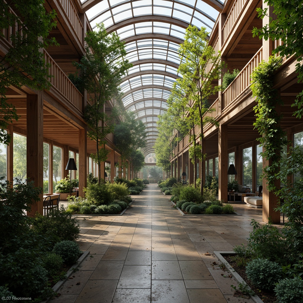 Prompt: Rustic wooden frames, abundant greenery, lush vines, curved glass roofs, clerestory windows, sliding glass doors, natural stone flooring, earthy color palette, warm ambient lighting, soft diffused light, misty atmosphere, serene ambiance, 1/1 composition, shallow depth of field, realistic textures, subtle reflections.