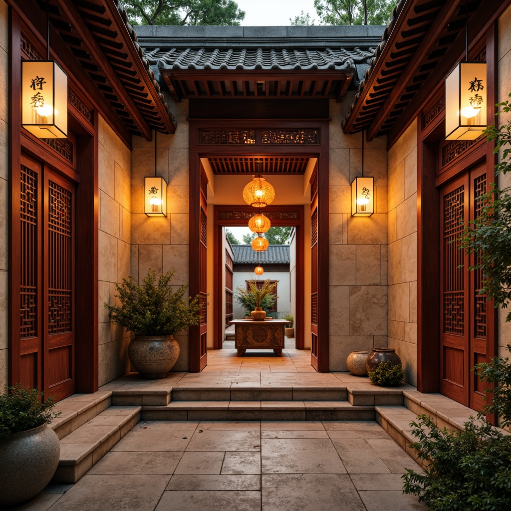 Prompt: Warm lanterns, ornate metalwork, soft warm glow, traditional Chinese architecture, intricately carved wooden doors, vibrant red accents, golden ornaments, delicate ceramic tiles, rustic stone walls, serene courtyard, peaceful water features, lush greenery, subtle misting, warm beige tones, elegant simplicity, harmonious balance, 1/1 composition, shallow depth of field, realistic textures, ambient occlusion.