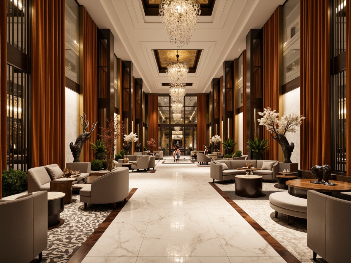 Prompt: Curved lines, metallic accents, chrome finishes, polished marble floors, luxurious fabrics, ornate mirrors, geometric patterns, abstract sculptures, Art Deco influences, lavish furnishings, rich wood tones, velvet drapes, crystal chandeliers, soft golden lighting, shallow depth of field, 1/1 composition, symmetrical framing, high-gloss reflections, realistic textures.