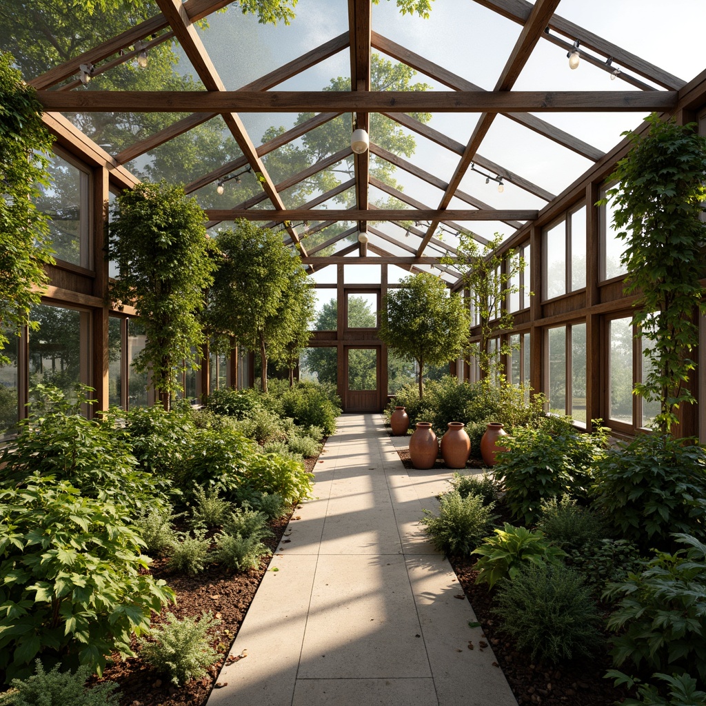 Prompt: Rustic greenhouse, lush foliage, natural ventilation, wooden trellises, climbing plants, terracotta pots, organic gardens, earthy tones, warm sunlight, soft diffused lighting, shallow depth of field, 3/4 composition, panoramic view, realistic textures, ambient occlusion, modern vernacular architecture, metal frames, glass roofs, sliding doors, eco-friendly materials, sustainable energy solutions, rainwater harvesting systems, grey water reuse, composting areas, educational signs, botanical illustrations.