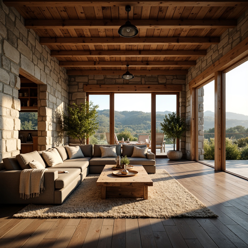 Prompt: Rustic farmhouse, open concept living area, wooden beams, exposed ductwork, natural stone walls, earthy color palette, vintage decor, distressed wood furniture, plush throw blankets, oversized windows, sliding glass doors, rolling hills, countryside views, sunny afternoon, soft warm lighting, shallow depth of field, 1/1 composition, panoramic view, realistic textures, ambient occlusion.