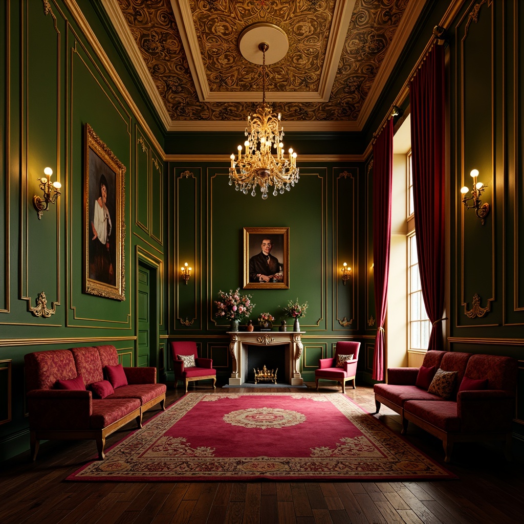 Prompt: Richly ornate interiors, intricate moldings, luxurious fabrics, velvety darkness, deep jewel-toned colors, emerald green walls, crimson red accents, golden yellow trim, soft cream ceilings, rich wood tones, ornate patterns, floral motifs, opulent chandeliers, lavish furnishings, dramatic lighting, mysterious shadows, 2/3 composition, atmospheric perspective, warm golden lighting, realistic textures.