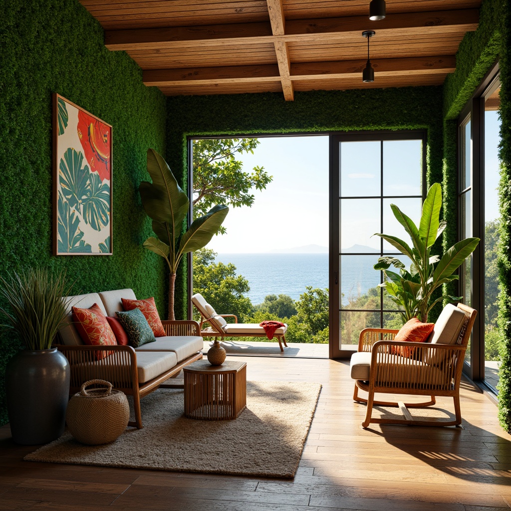 Prompt: Lush green walls, exotic plants, rattan furniture, natural fibers, woven textiles, vibrant colorful accents, warm wooden floors, large windows, sliding glass doors, ocean views, sunny day, soft warm lighting, shallow depth of field, 3/4 composition, panoramic view, realistic textures, ambient occlusion, tropical-inspired patterns, bold leaf motifs, ethnic prints, natural materials, organic shapes, curved lines, cozy nooks, plush throw pillows.