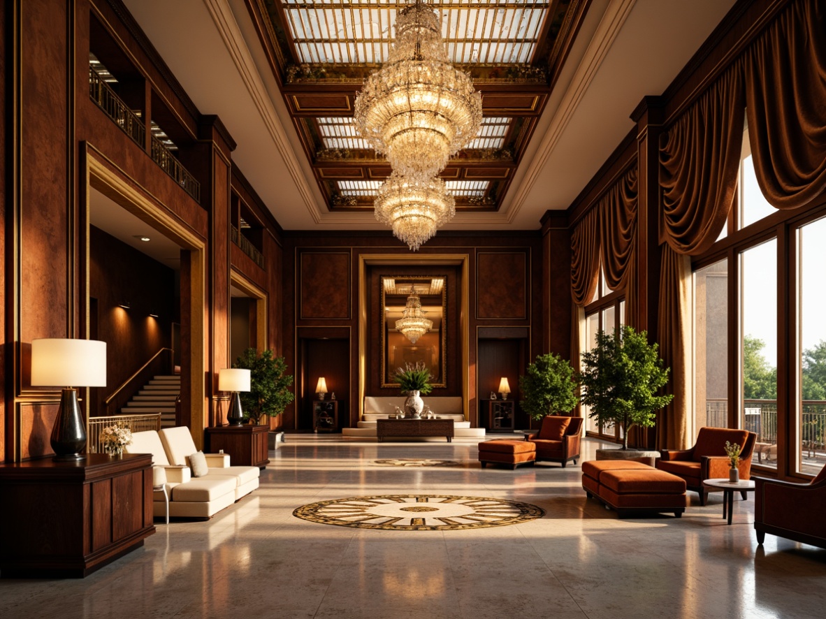 Prompt: Opulent villa, Art Deco style, ornate metalwork, crystal chandeliers, geometric patterned fixtures, luxurious drapery, velvet upholstery, rich wood tones, marble flooring, grand staircase, lavish furnishings, warm golden lighting, soft diffused glow, subtle shadows, 1/2 composition, symmetrical framing, realistic reflections, ambient occlusion.