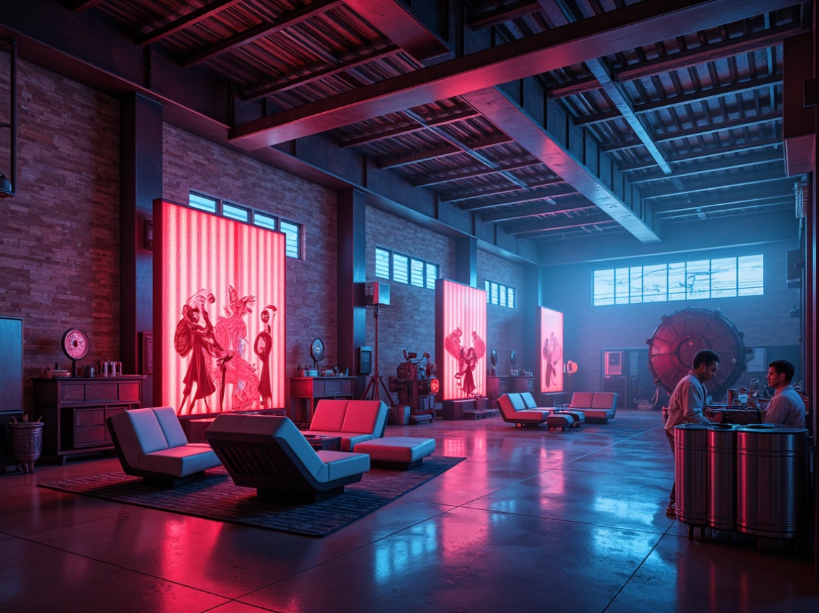 Prompt: Industrial factory setting, exposed brick walls, metal beams, polished concrete floors, futuristic machinery, neon light installations, avant-garde furniture designs, sleek metallic surfaces, bold geometric shapes, vibrant neon colors, ambient fog effects, high-contrast lighting, dramatic shadows, 1/1 composition, realistic reflections, industrial textures, cyberpunk ambiance.